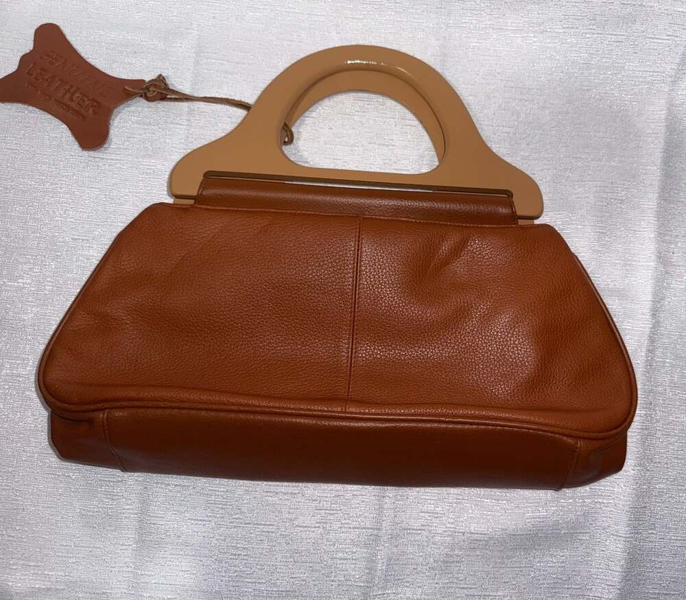 Vintage Genuine Leather Clutch Handbag with Wooden Handles